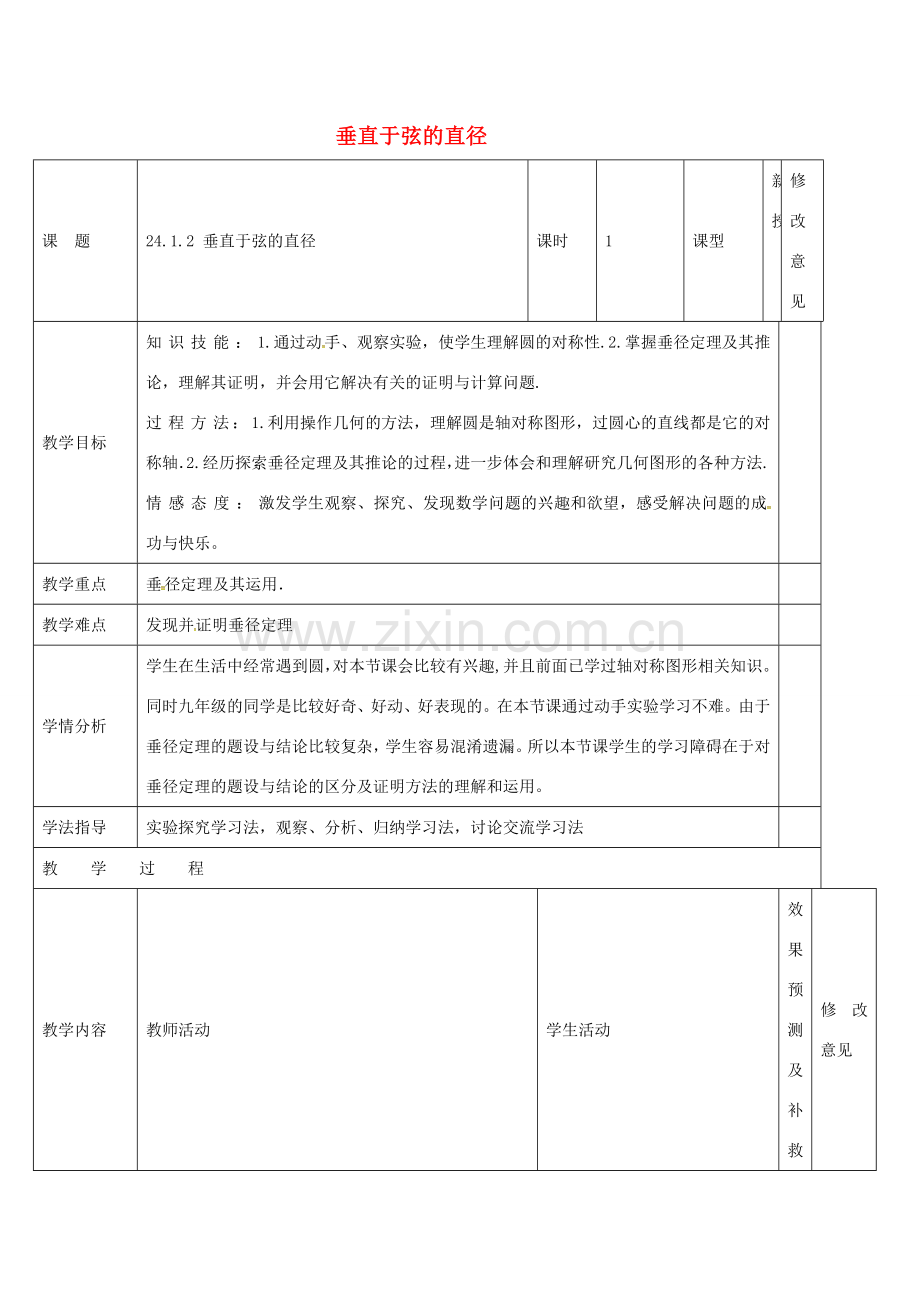 四川省华蓥市明月镇九年级数学上册 24.1.2 垂直于弦的直径教案 （新版）新人教版-（新版）新人教版初中九年级上册数学教案.doc_第1页