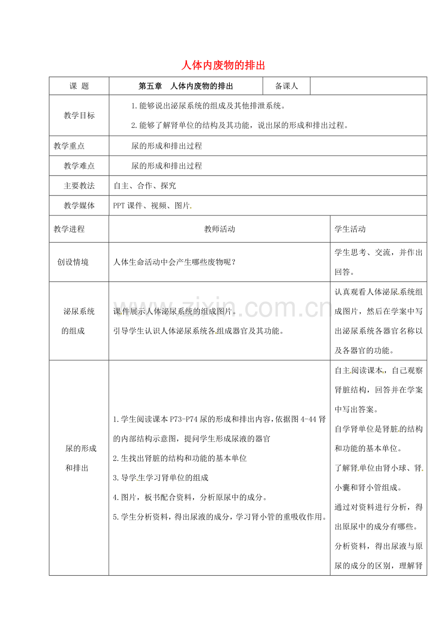 黑龙江省鸡西市七年级生物下册 4.5 人体内废物的排出教案 （新版）新人教版-（新版）新人教版初中七年级下册生物教案.doc_第1页