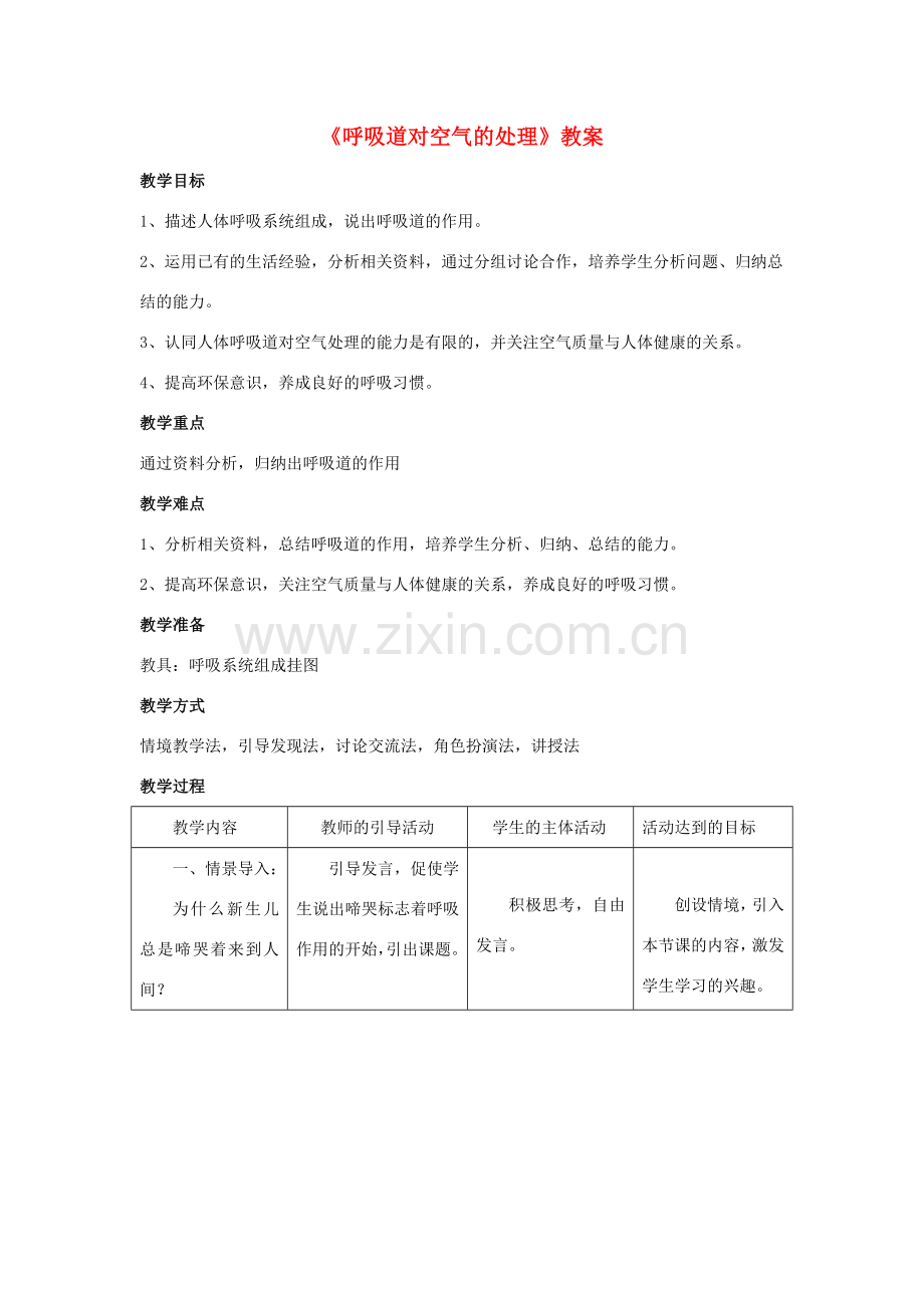 七年级生物下册 第四单元 第二章 第一节 呼吸道对空气的处理教案 （新版）新人教版-（新版）新人教版初中七年级下册生物教案.doc_第1页