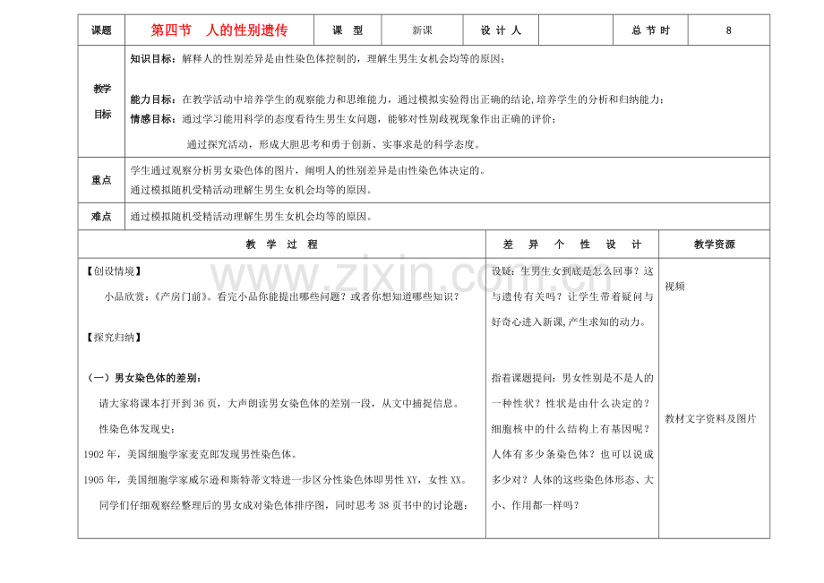 吉林省长春市第一零四中学八年级生物下册 第七单元 第二章第四节　人的性别遗传教案 新人教版.doc_第1页