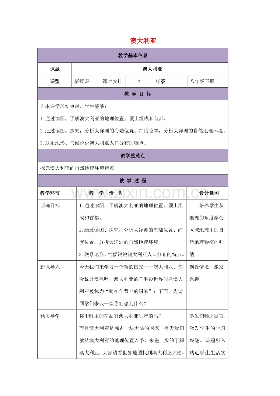 八年级地理下册 7.3 澳大利亚教案1 中图版-中图版初中八年级下册地理教案.doc_第1页