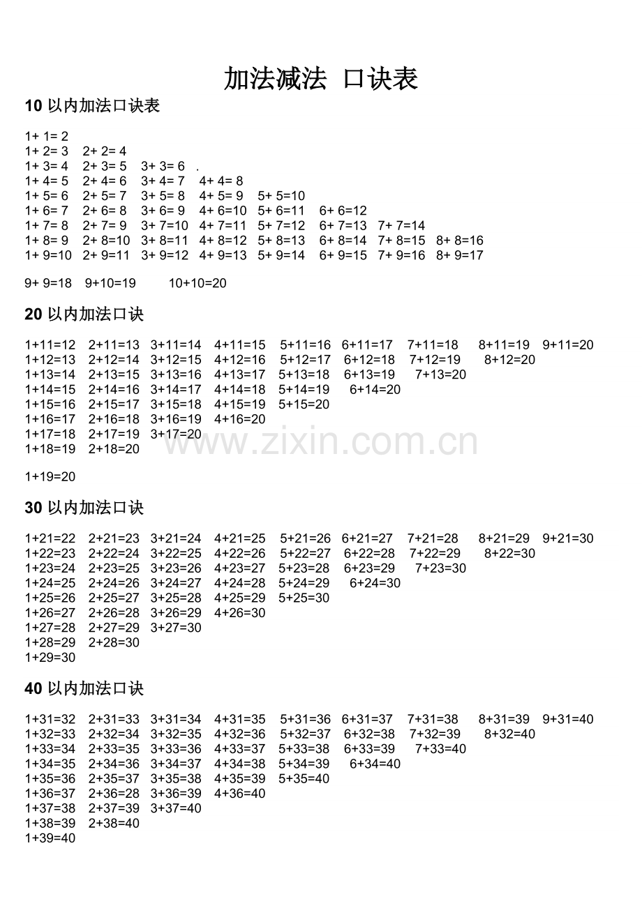 一年级加法减法口诀表.doc_第1页