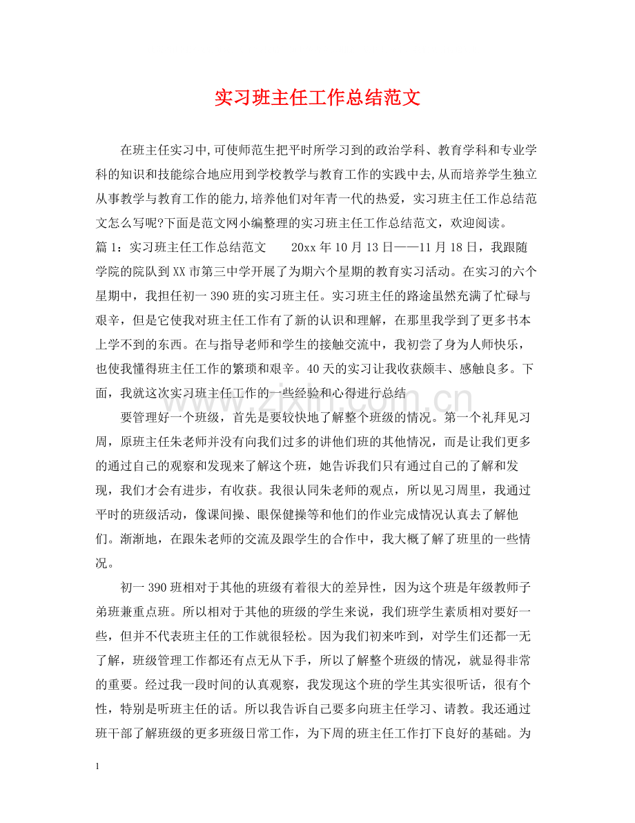 实习班主任工作总结范文22.docx_第1页