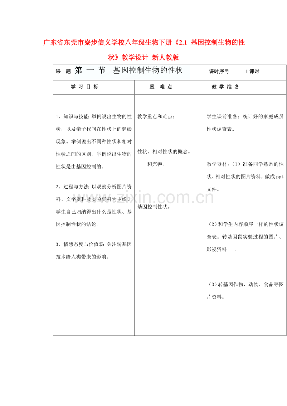 广东省东莞市寮步信义学校八年级生物下册《2.1 基因控制生物的性状》教学设计 新人教版.doc_第1页