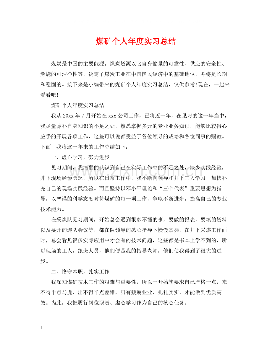 煤矿个人年度实习总结.docx_第1页