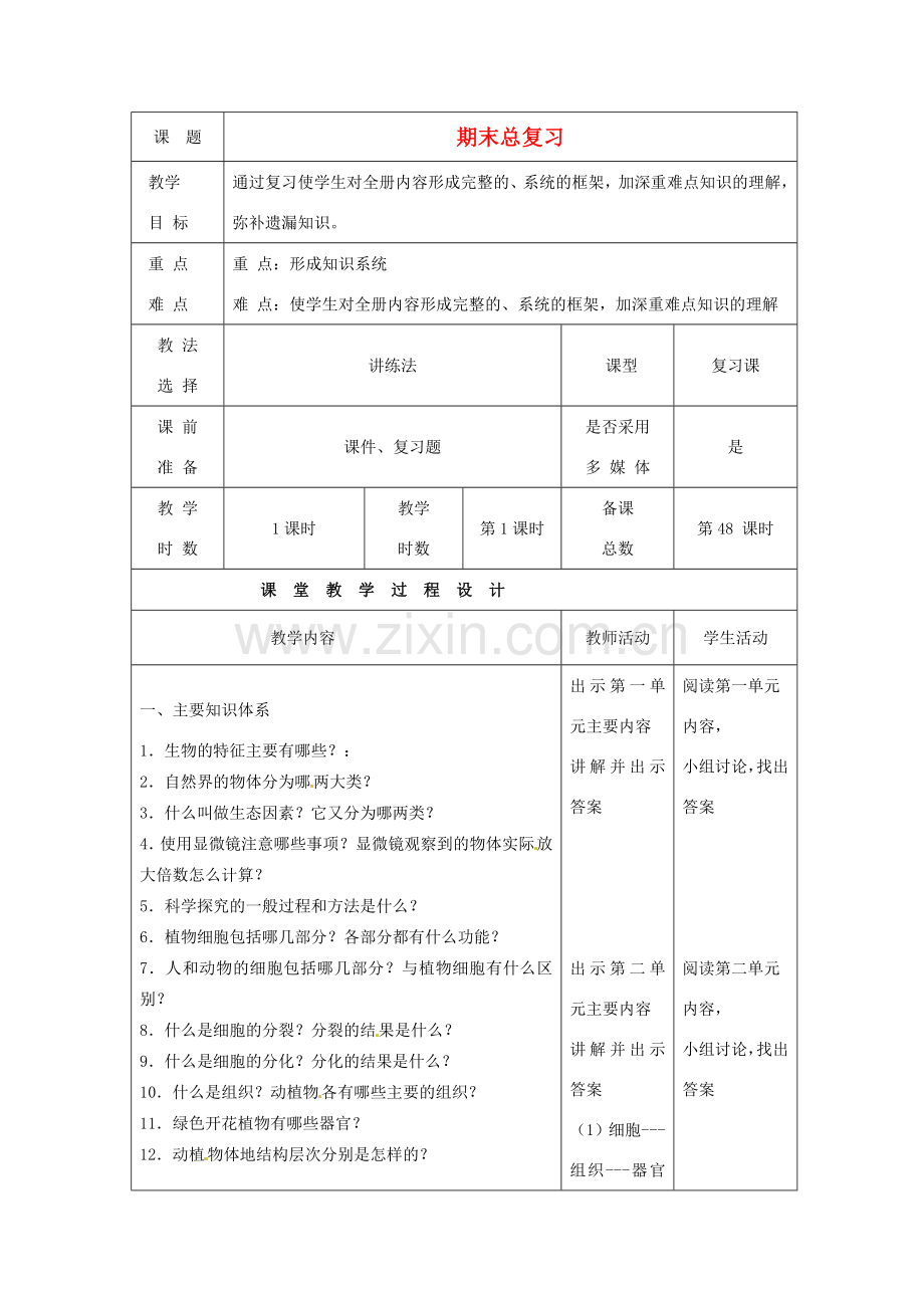 七年级生物上册 期末总复习教案 苏教版-苏教版初中七年级上册生物教案.doc_第1页