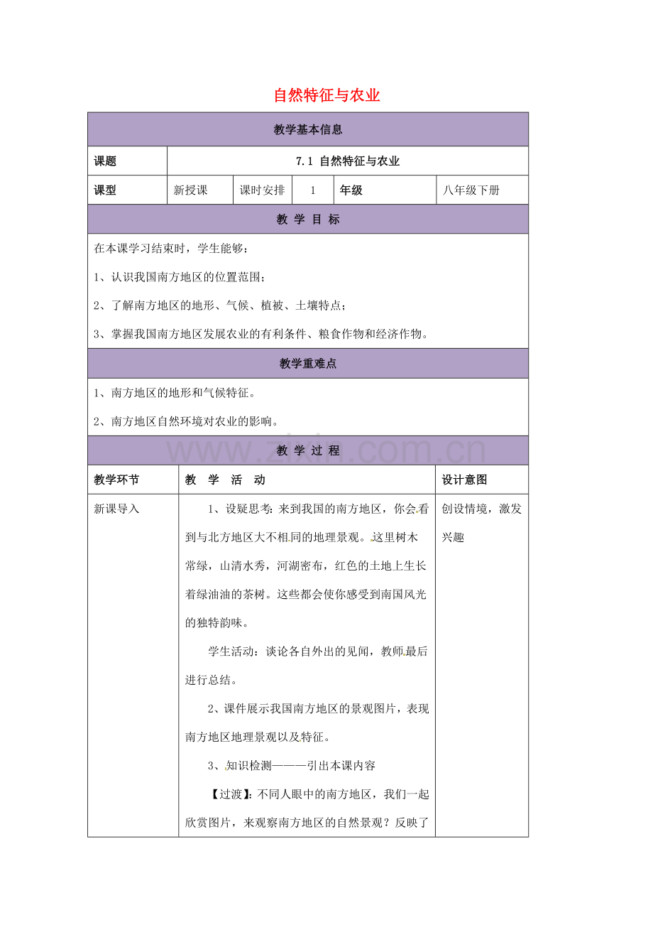 辽宁省凌海市八年级地理下册 7.1 自然特征与农业教案 （新版）新人教版-（新版）新人教版初中八年级下册地理教案.doc_第1页