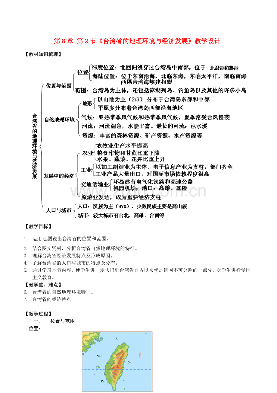 山东省临沐县青云中学八年级地理下册 第8章 第2节《台湾省的地理环境与经济发展》教学设计 （新版）湘教版.doc_第1页