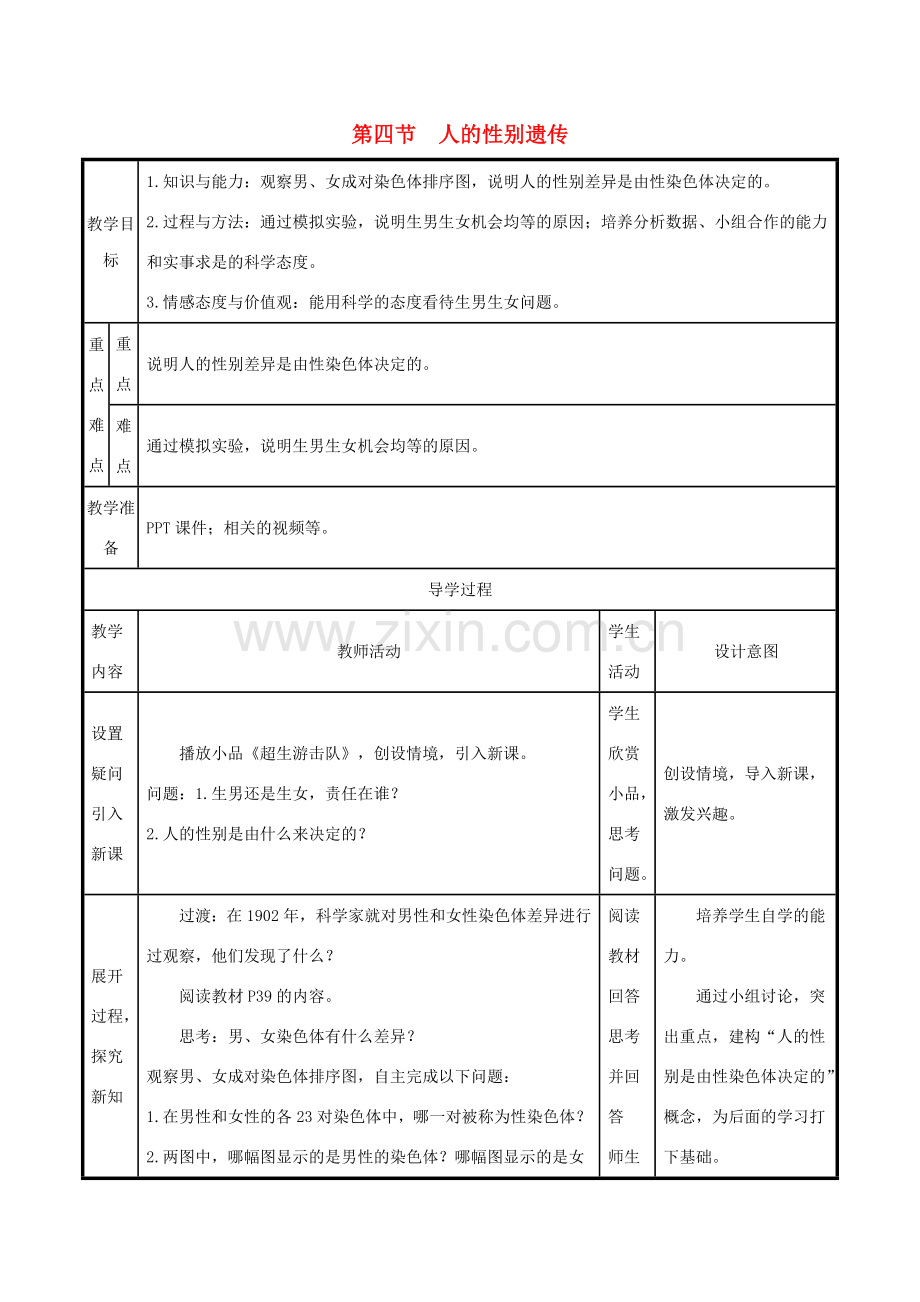 版八年级生物下册 第七单元 生物圈中生命的延续和发展 第二章 生物的遗传和变异 第4节 人的性别遗传教案 （新版）新人教版-（新版）新人教版初中八年级下册生物教案.doc_第1页