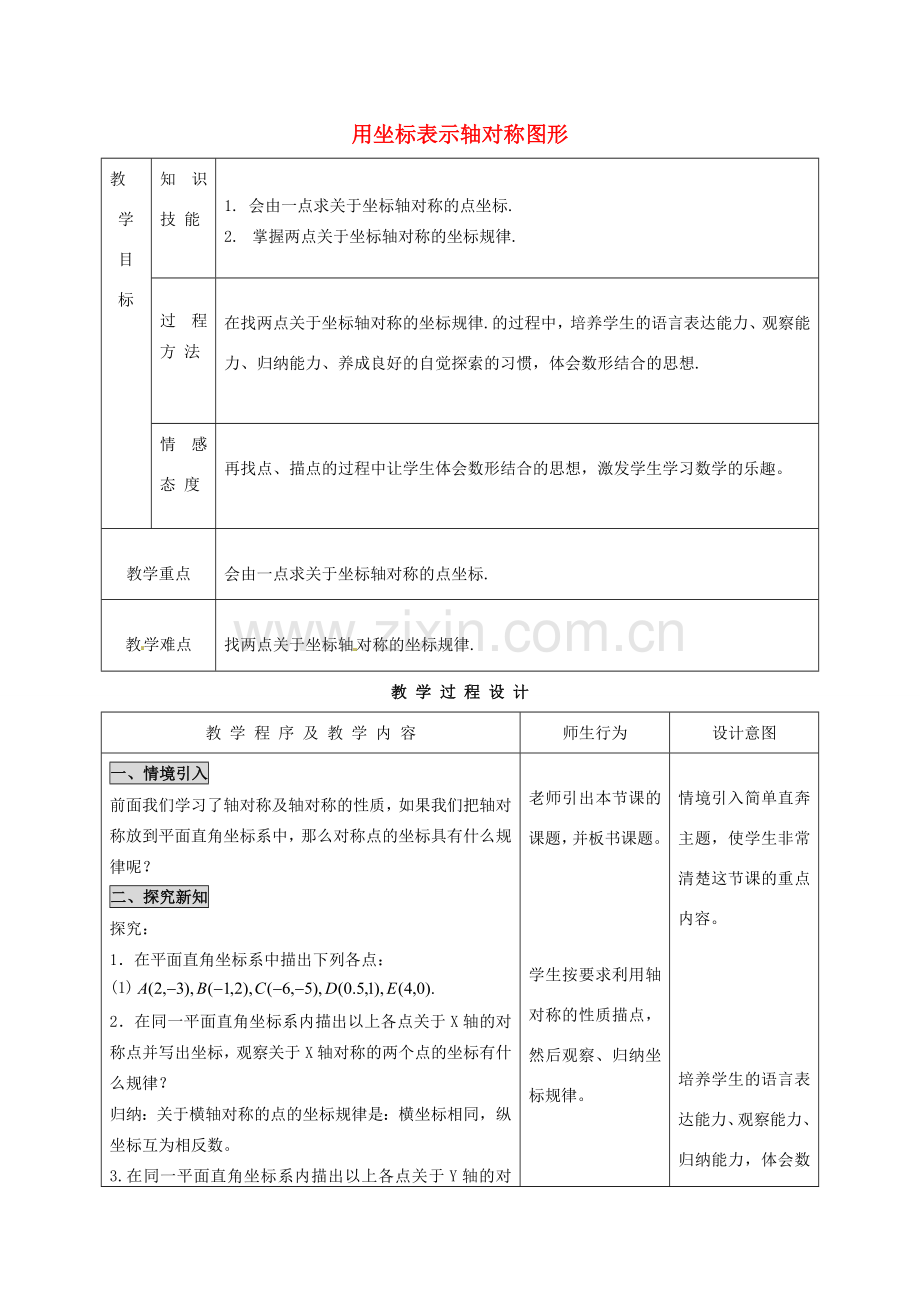 河北省石家庄市赞皇县第二中学八年级数学上册 12.2.2 用坐标表示轴对称图形教案 新人教版.doc_第1页