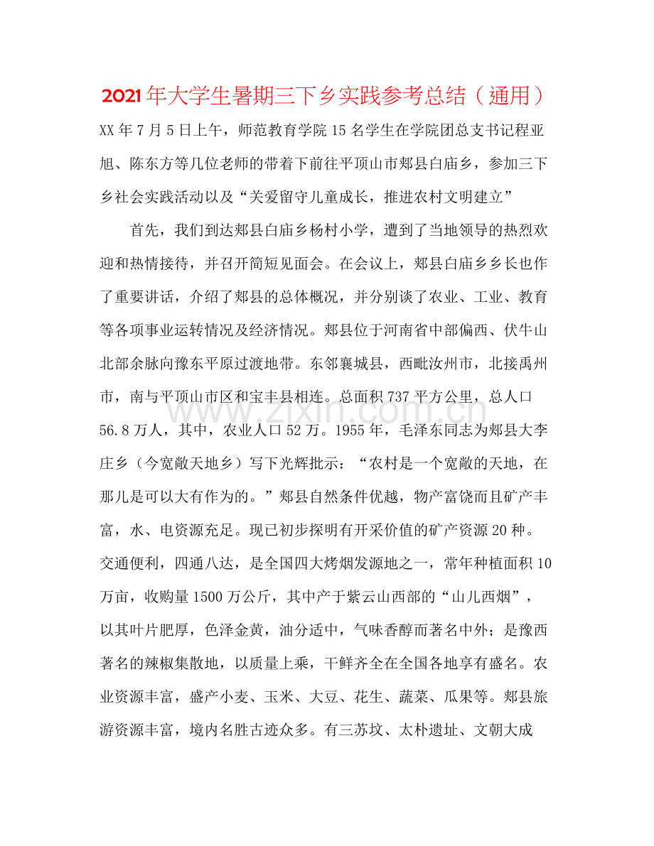 2021年大学生暑期三下乡实践参考总结（通用）.docx_第1页