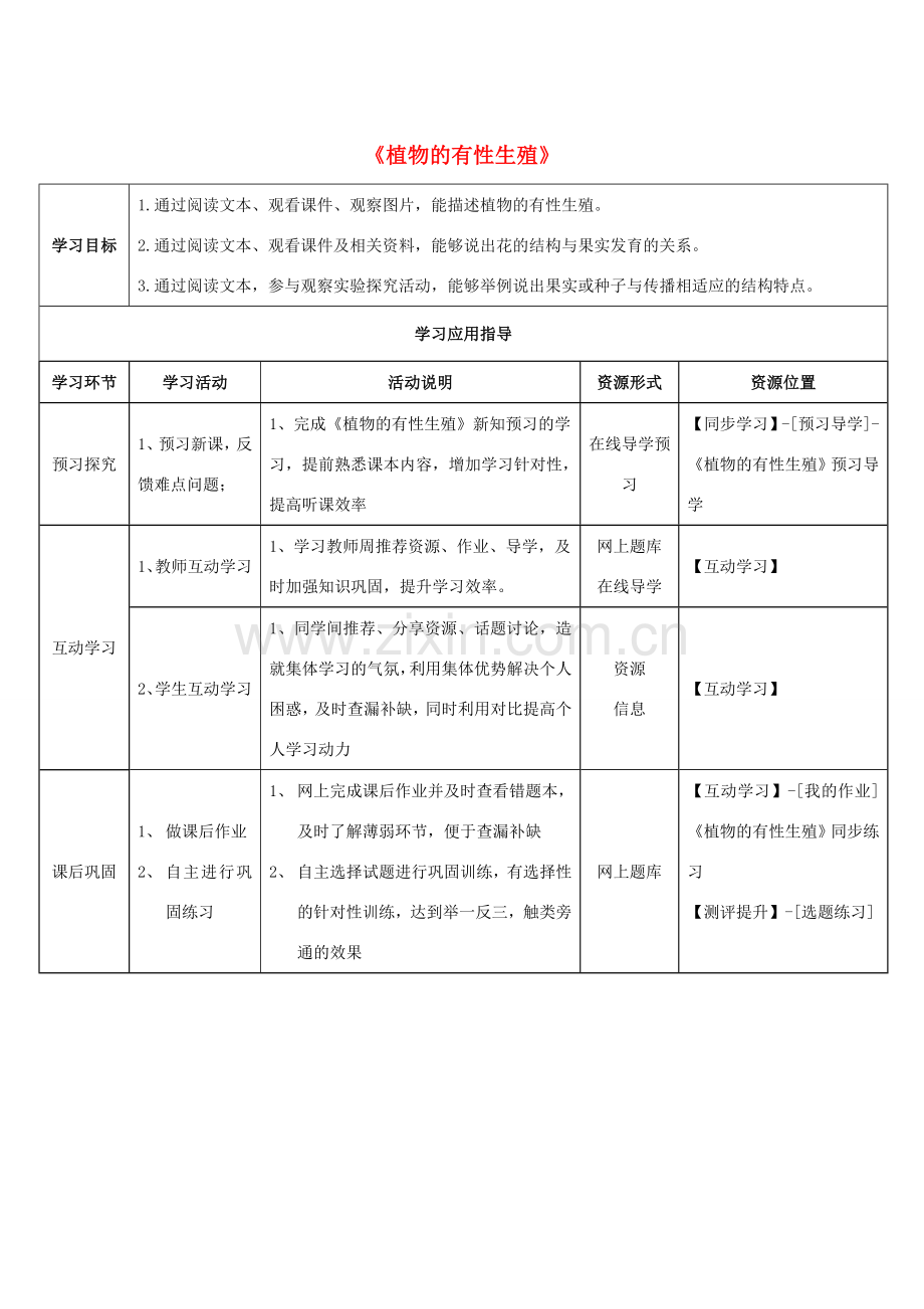 八年级生物下册 第二十一章 第二节《植物的有性生殖》学生学习应用指导 （新版）苏教版.doc_第1页