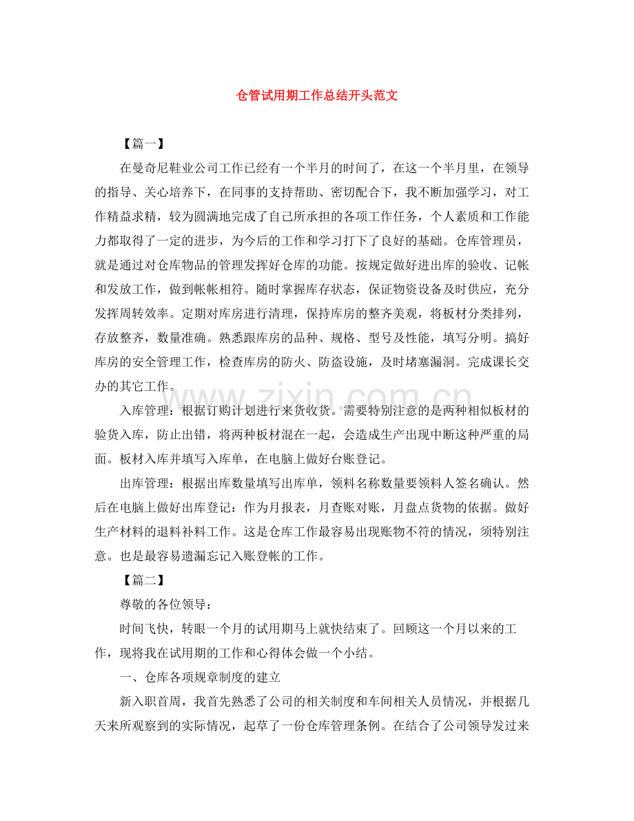 仓管试用期工作总结开头范文.docx_第1页