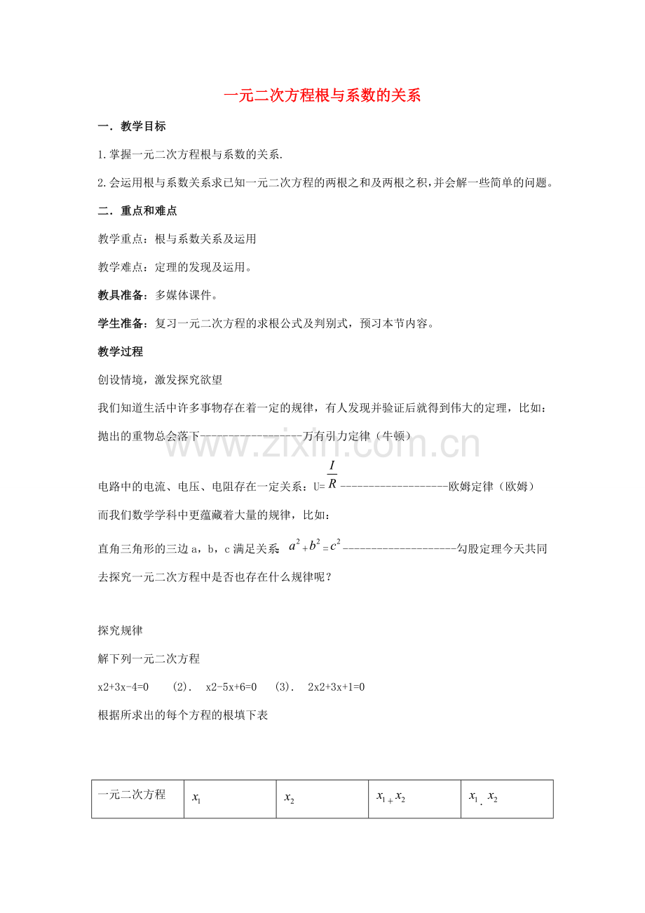 九年级数学上册 第4章 一元二次方程 4.6 一元二次方程根与系数的关系教案1（新版）青岛版-（新版）青岛版初中九年级上册数学教案.doc_第1页