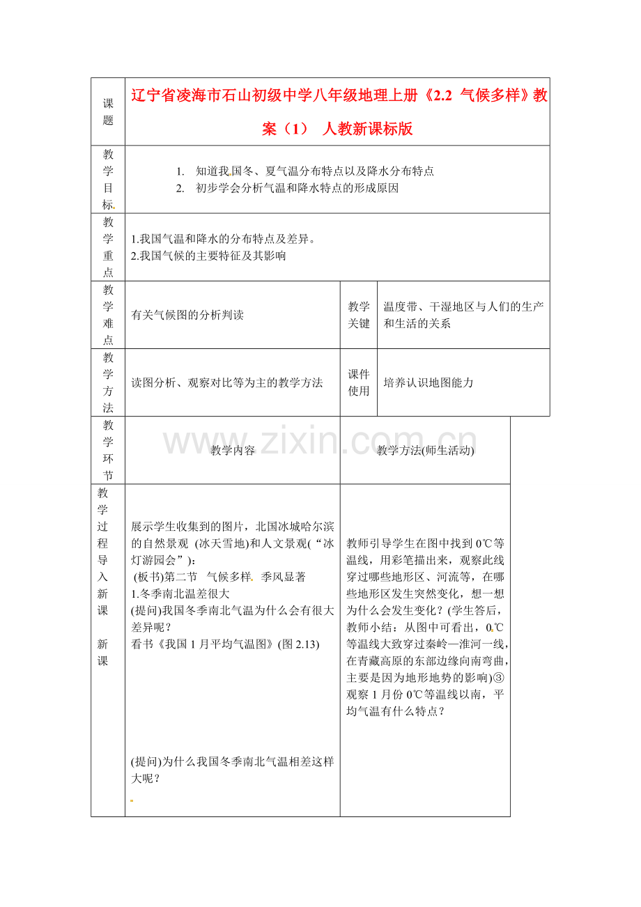 辽宁省凌海市石山初级中学八年级地理上册《2.2 气候多样》教案（1） 人教新课标版.doc_第1页