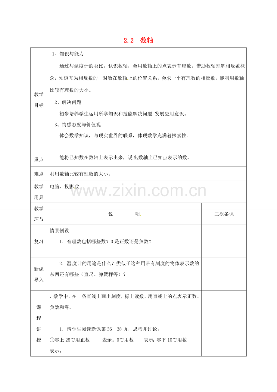 河北省邯郸市肥乡区七年级数学上册 2.2 数轴教案 （新版）北师大版-（新版）北师大版初中七年级上册数学教案.doc_第1页