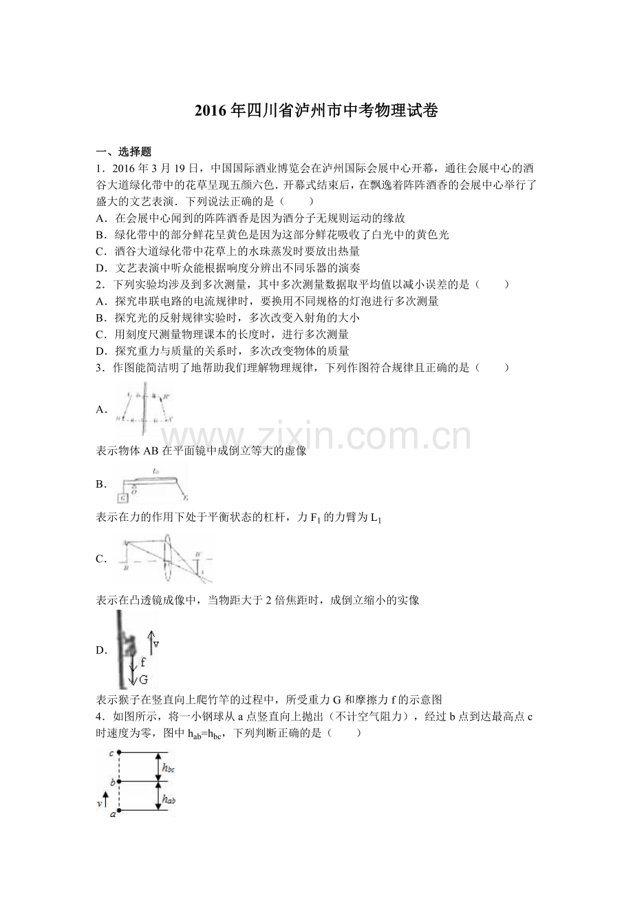 2016年泸州市中考物理试题及答案解析版.doc_第1页