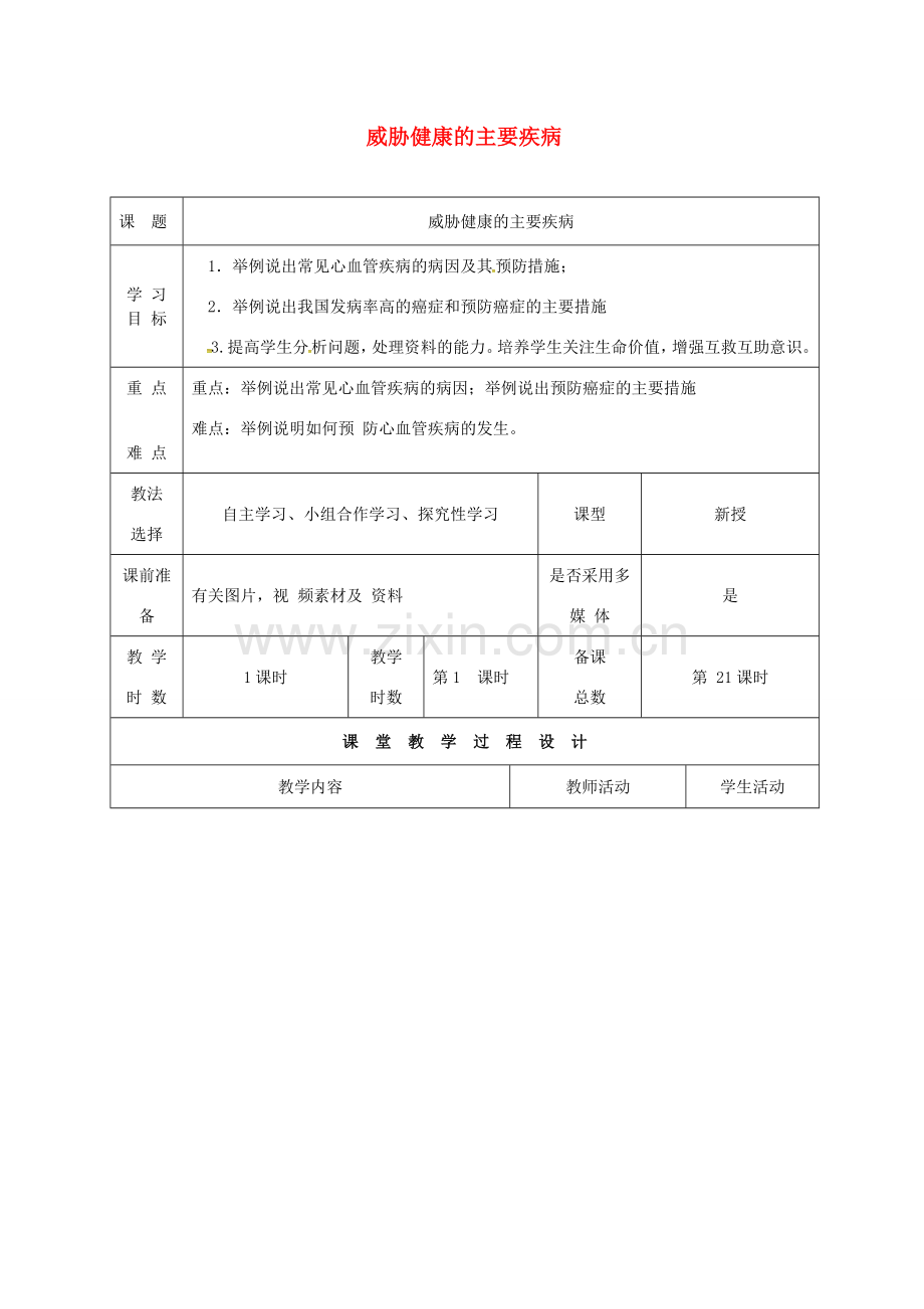 八年级生物下册 25.2 威胁健康的主要疾病教案 （新版）苏教版-（新版）苏教版初中八年级下册生物教案.doc_第1页