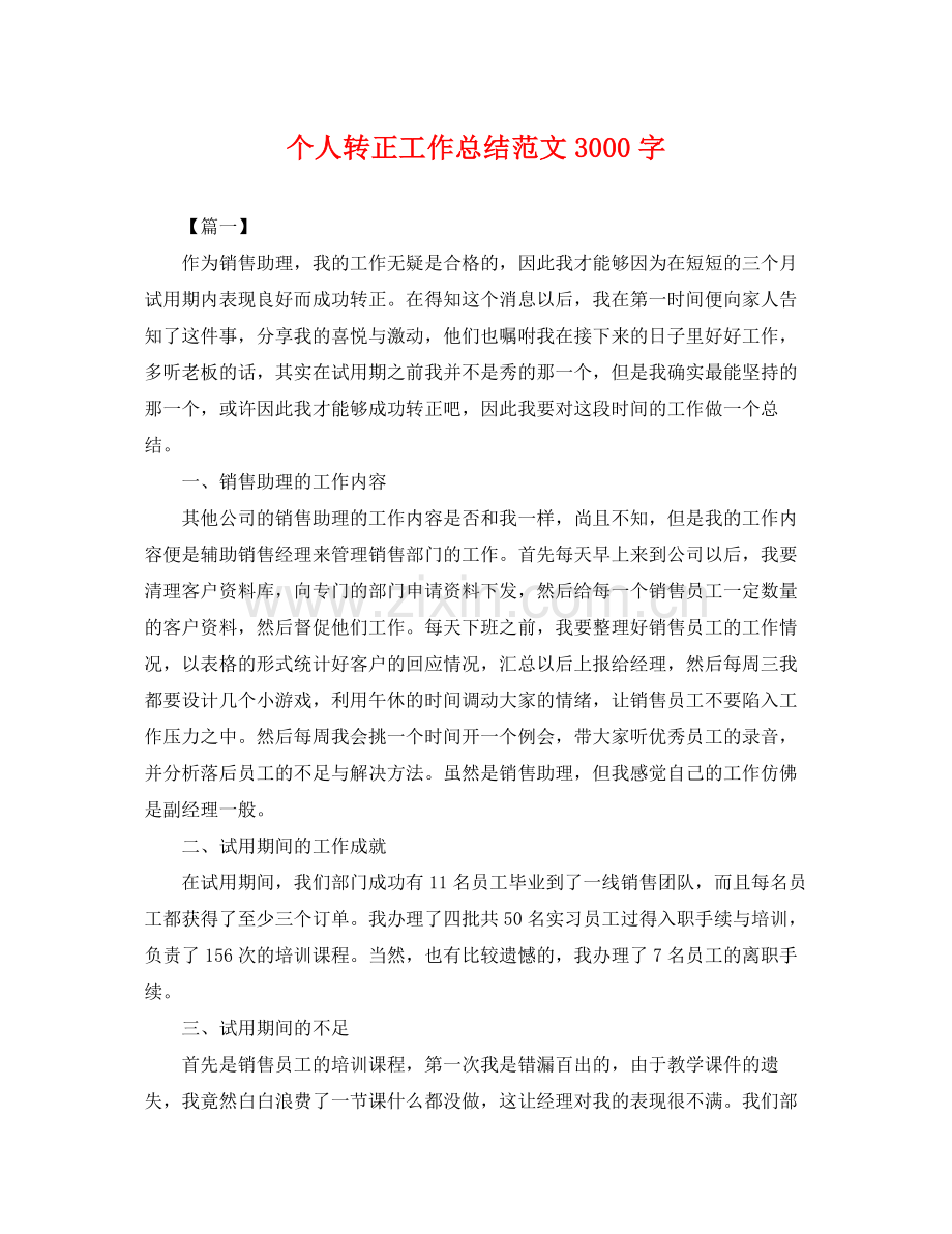 个人转正工作总结范文3000字 .docx_第1页