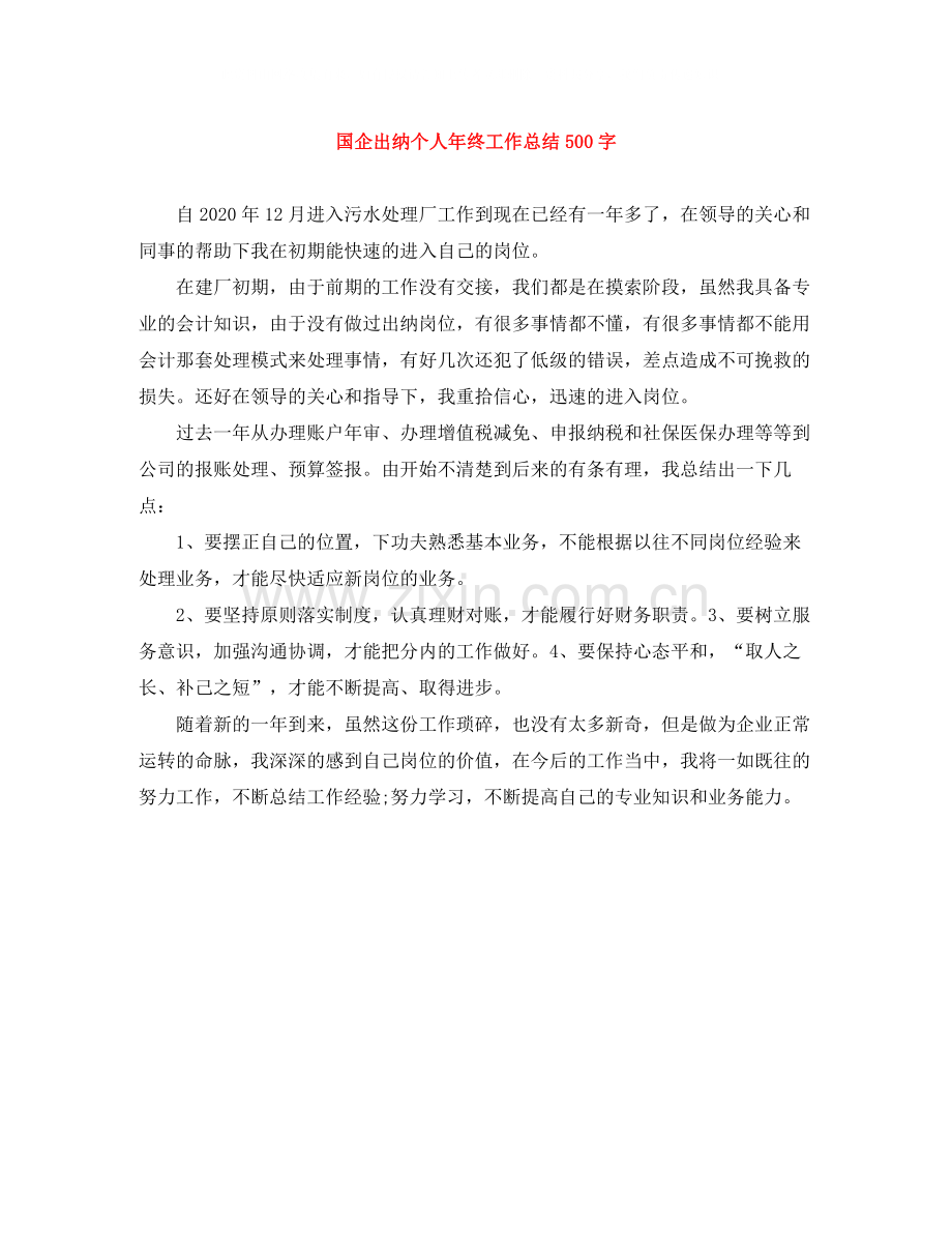 国企出纳个人年终工作总结500字.docx_第1页