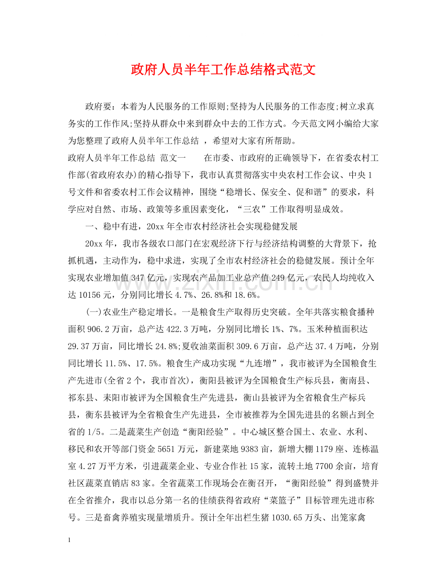 政府人员半年工作总结格式范文.docx_第1页