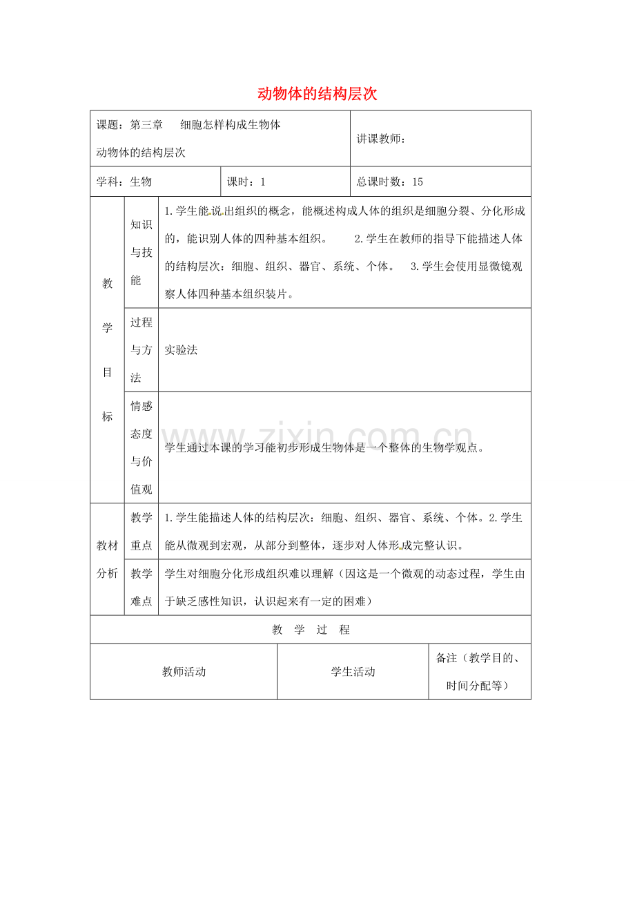 吉林省四平市第十七中学七年级生物上册 动物体的结构层次教案1 新人教版.doc_第1页