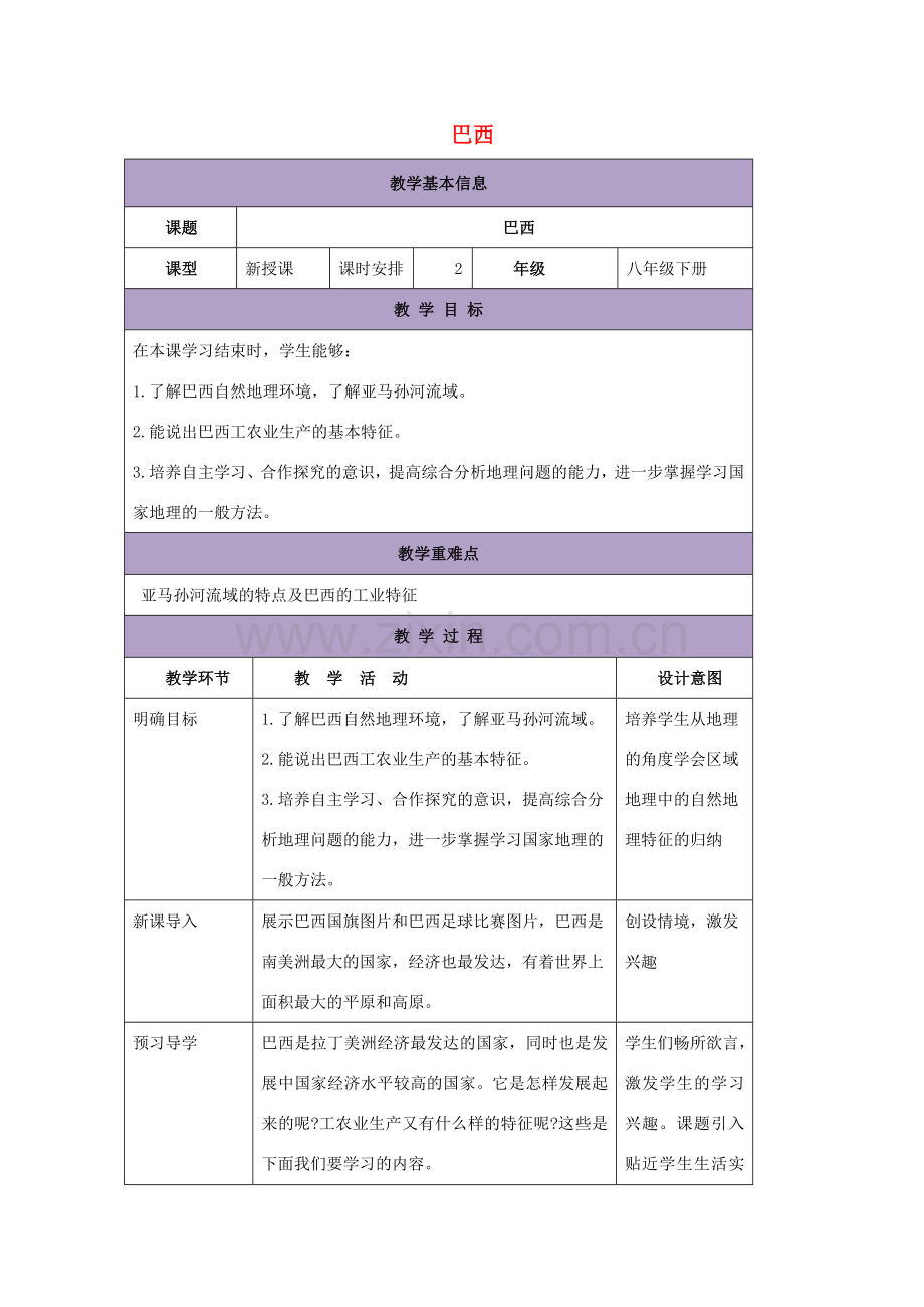 八年级地理下册 7.4巴西教案2 中图版-中图版初中八年级下册地理教案.doc_第1页