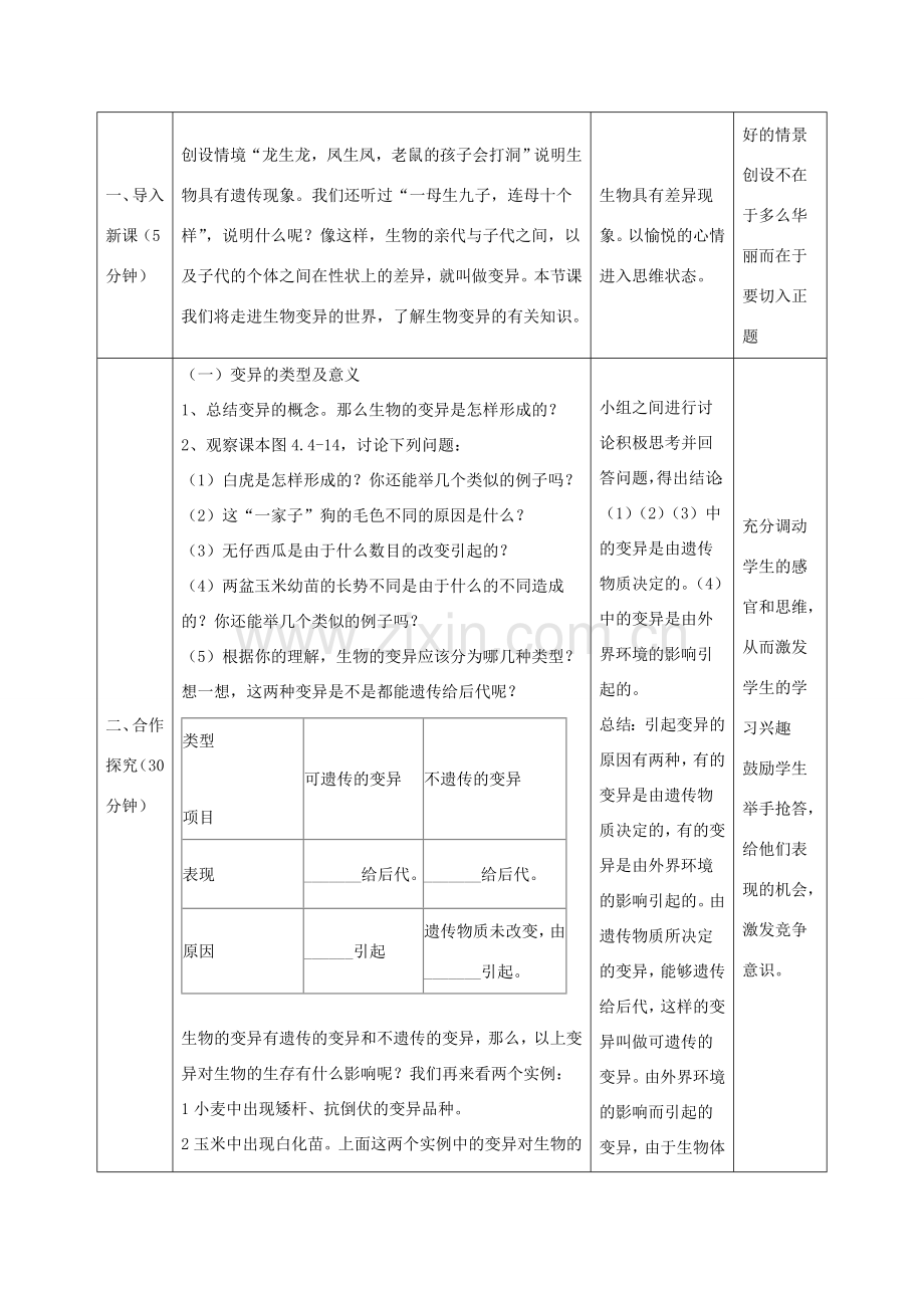 八年级生物上册 4.4.4《生物的变异》教案1 （新版）济南版-（新版）济南版初中八年级上册生物教案.doc_第2页