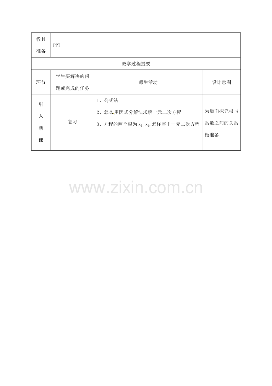 湖南省益阳市资阳区迎丰桥镇九年级数学上册 第二十一章 一元二次方程 21.2 解一元二次方程 21.2.4 一元二次方程的根与系数的关系教案 （新版）新人教版-（新版）新人教版初中九年级上册数学教案.doc_第2页