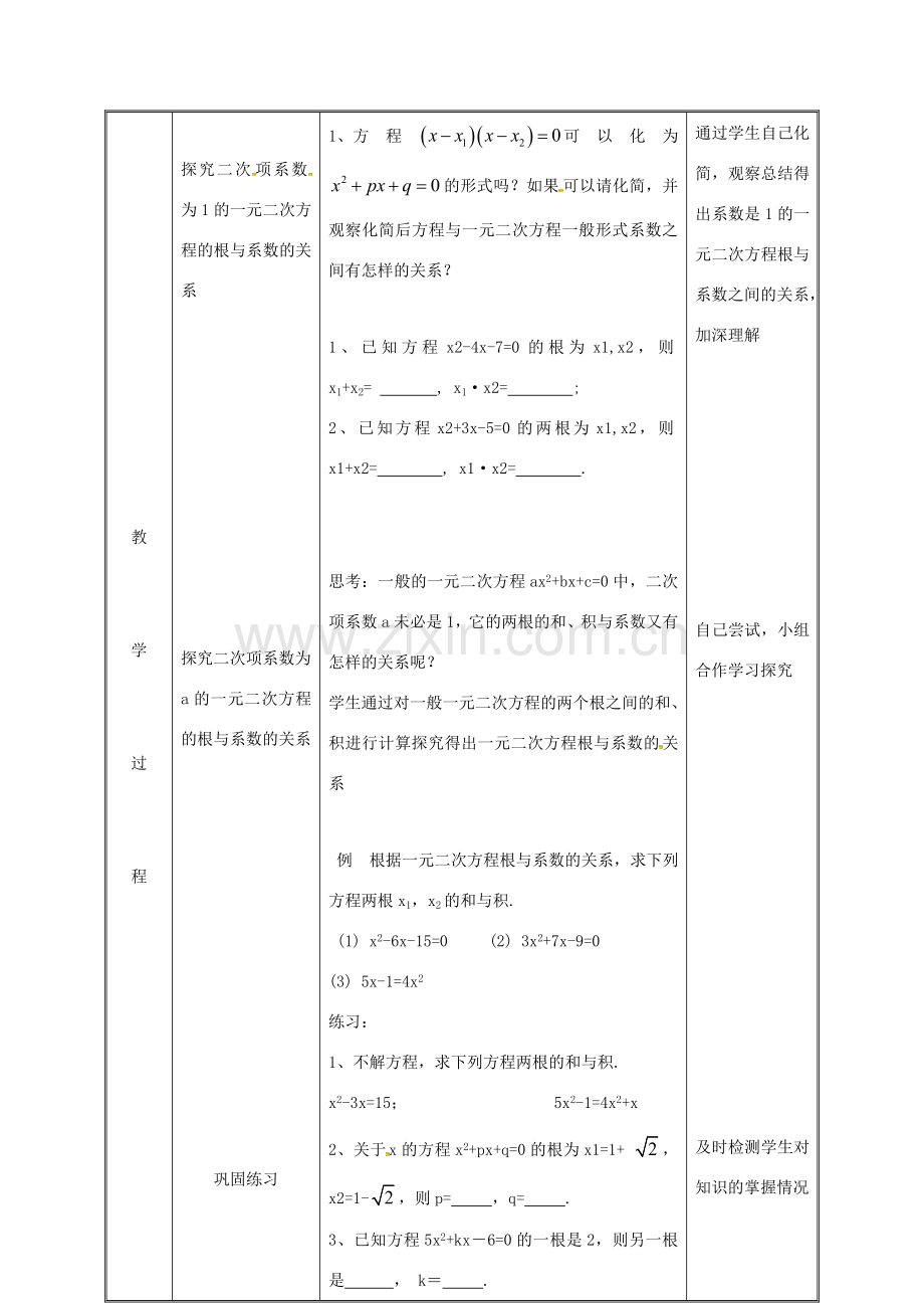 湖南省益阳市资阳区迎丰桥镇九年级数学上册 第二十一章 一元二次方程 21.2 解一元二次方程 21.2.4 一元二次方程的根与系数的关系教案 （新版）新人教版-（新版）新人教版初中九年级上册数学教案.doc_第3页