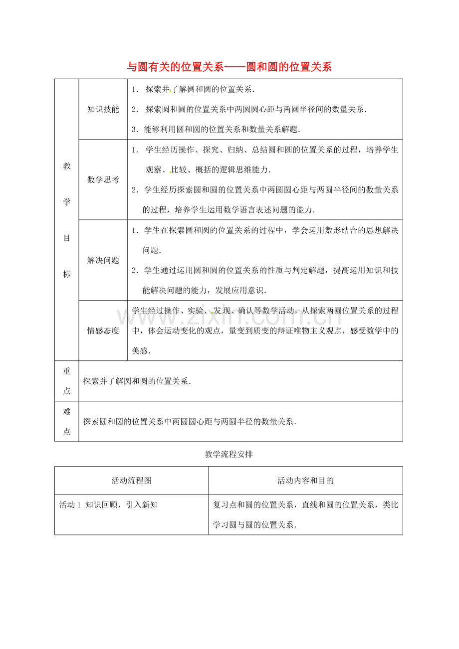 山东省淄博市高青县第三中学九年级数学上册 24.2.3 与圆有关的位置关系——圆和圆的位置关系教案 新人教版.doc_第1页