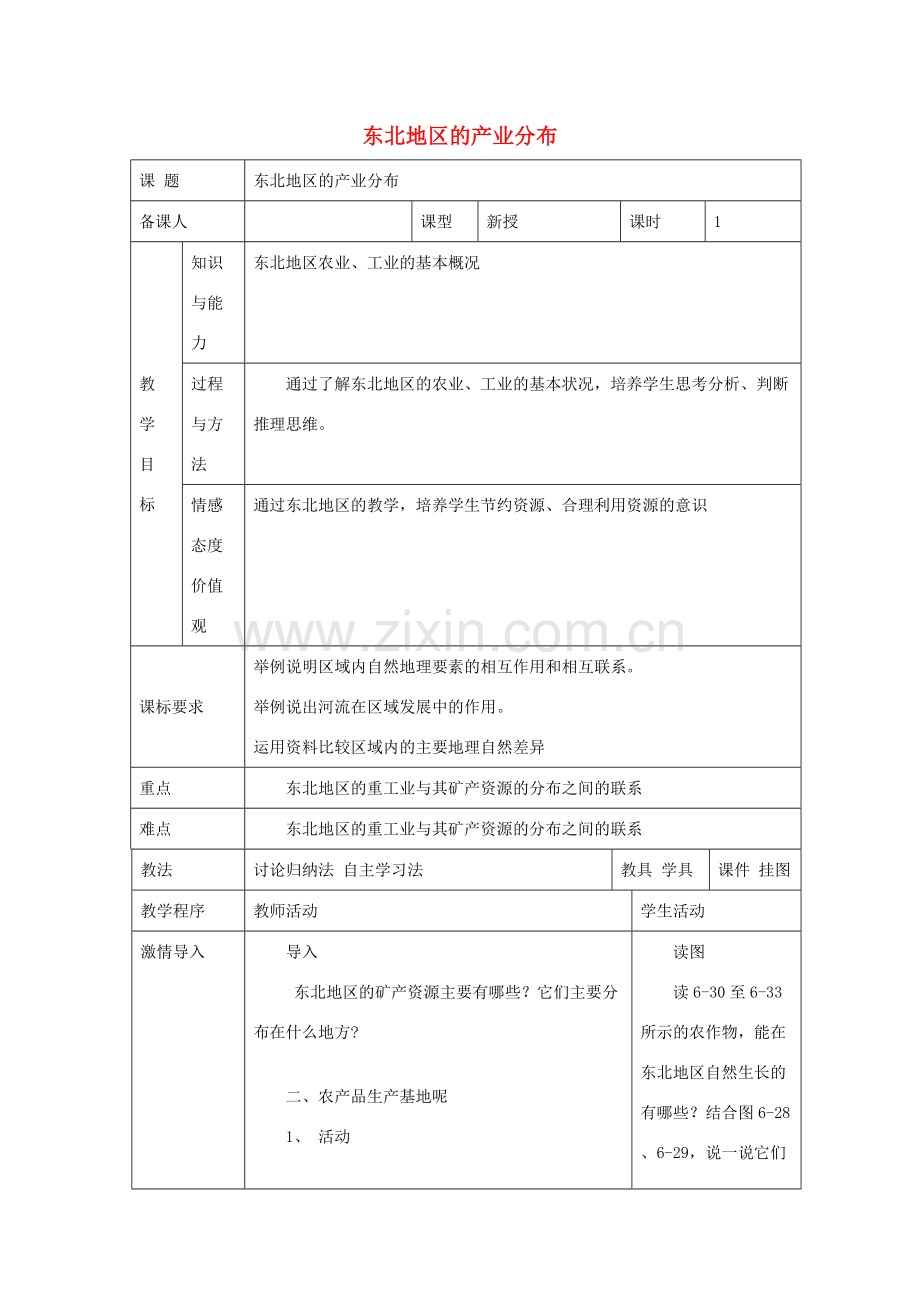 八年级地理下册 第六章 第三节 东北地区的产业分布教案 （新版）湘教版-（新版）湘教版初中八年级下册地理教案.doc_第1页