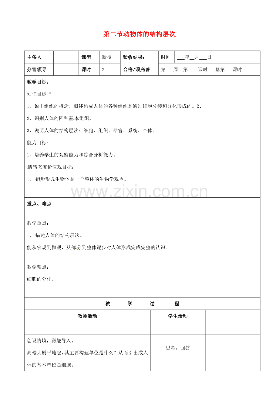 山东省郯城第三中学七年级生物上册 第二节 动物体的结构层次教案 新人教版.doc_第1页