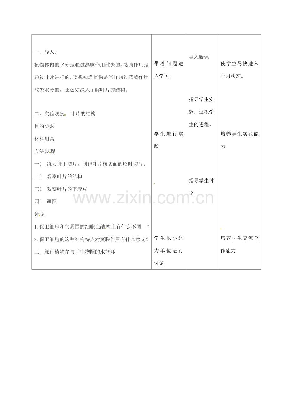 七年级生物上册 3.3 绿色植物与生物圈的水循环教案2 （新版）新人教版-（新版）新人教版初中七年级上册生物教案.doc_第2页