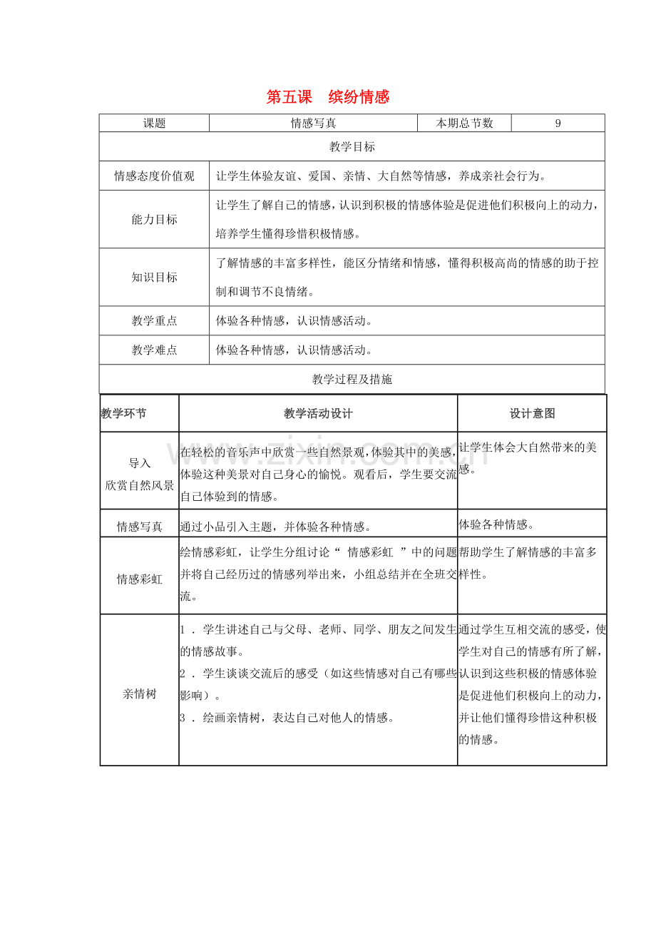 广西灵山县金龙中学七年级政治下册 第五课 缤纷情感教案 教科版.doc_第1页