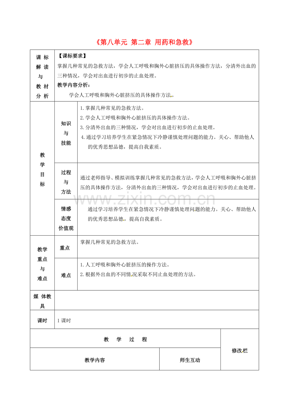 八年级生物下册《第八单元 第二章 用药和急救（第2课时）》教案 新人教版-新人教版初中八年级下册生物教案.doc_第1页