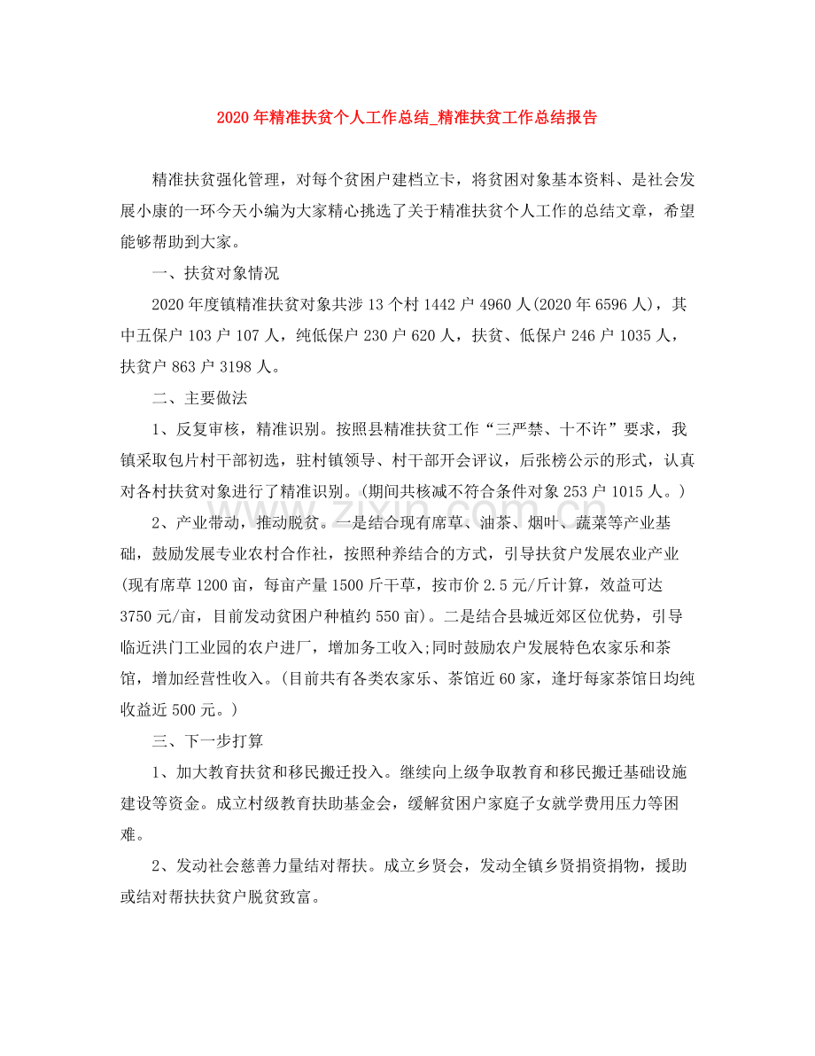 2020年精准扶贫个人工作总结_精准扶贫工作总结报告.docx_第1页