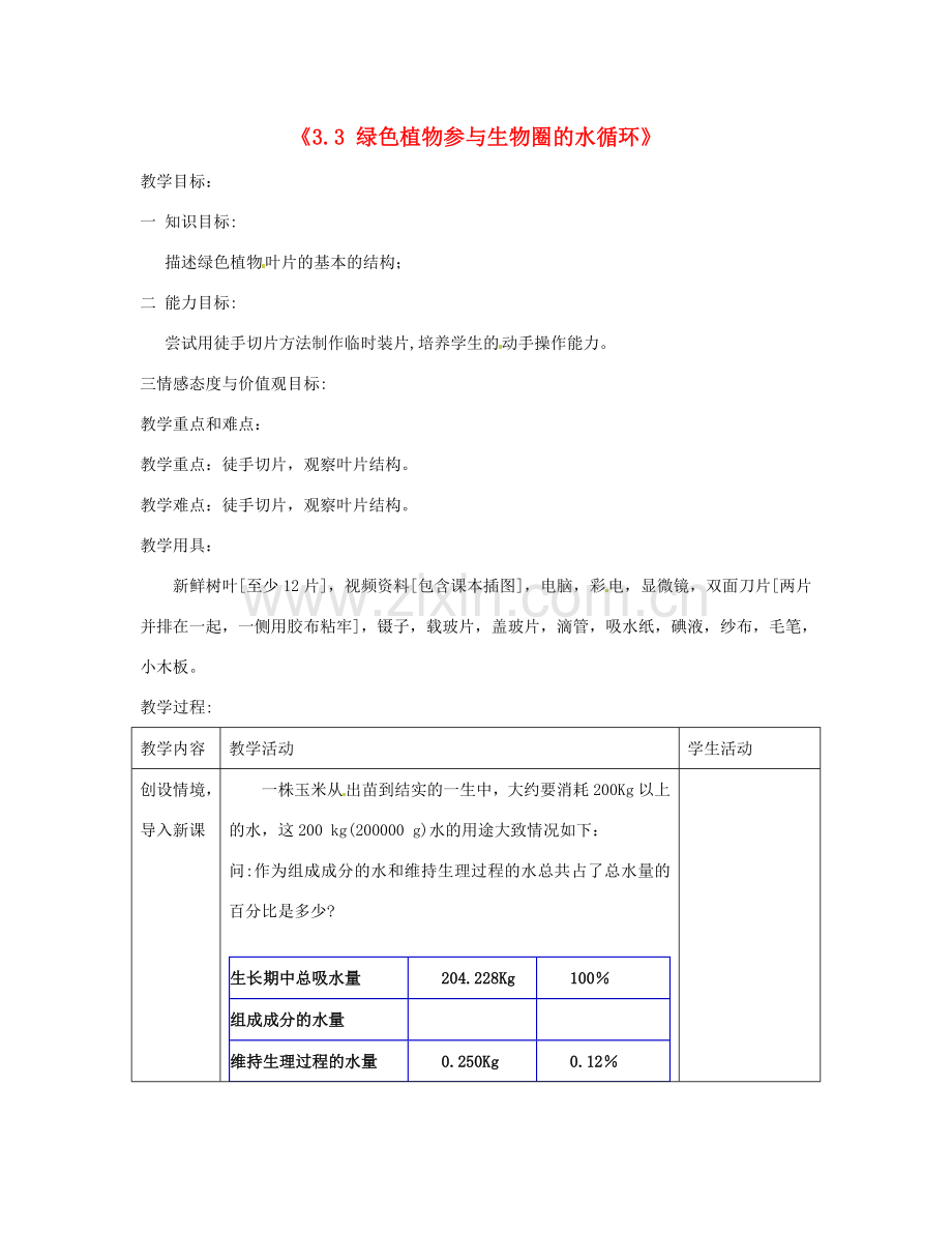 湖南省长沙市长郡芙蓉中学七年级生物上册《3.3 绿色植物参与生物圈的水循环》教案 （新版）新人教版.doc_第1页