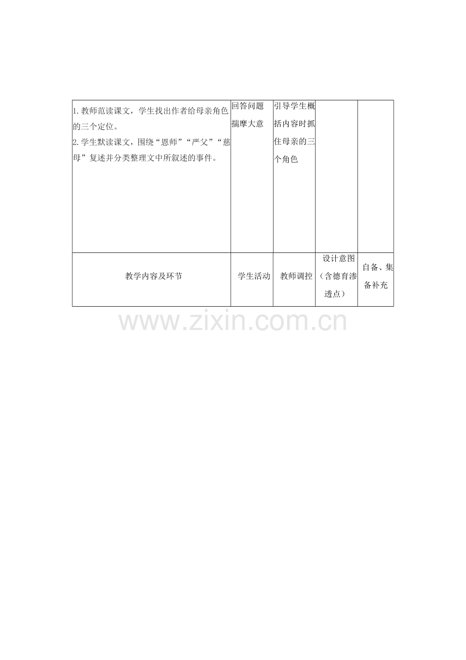 辽宁省大连市第七十六中学八年级语文下册《2 我的母亲》教学设计（1） 新人教版.doc_第2页