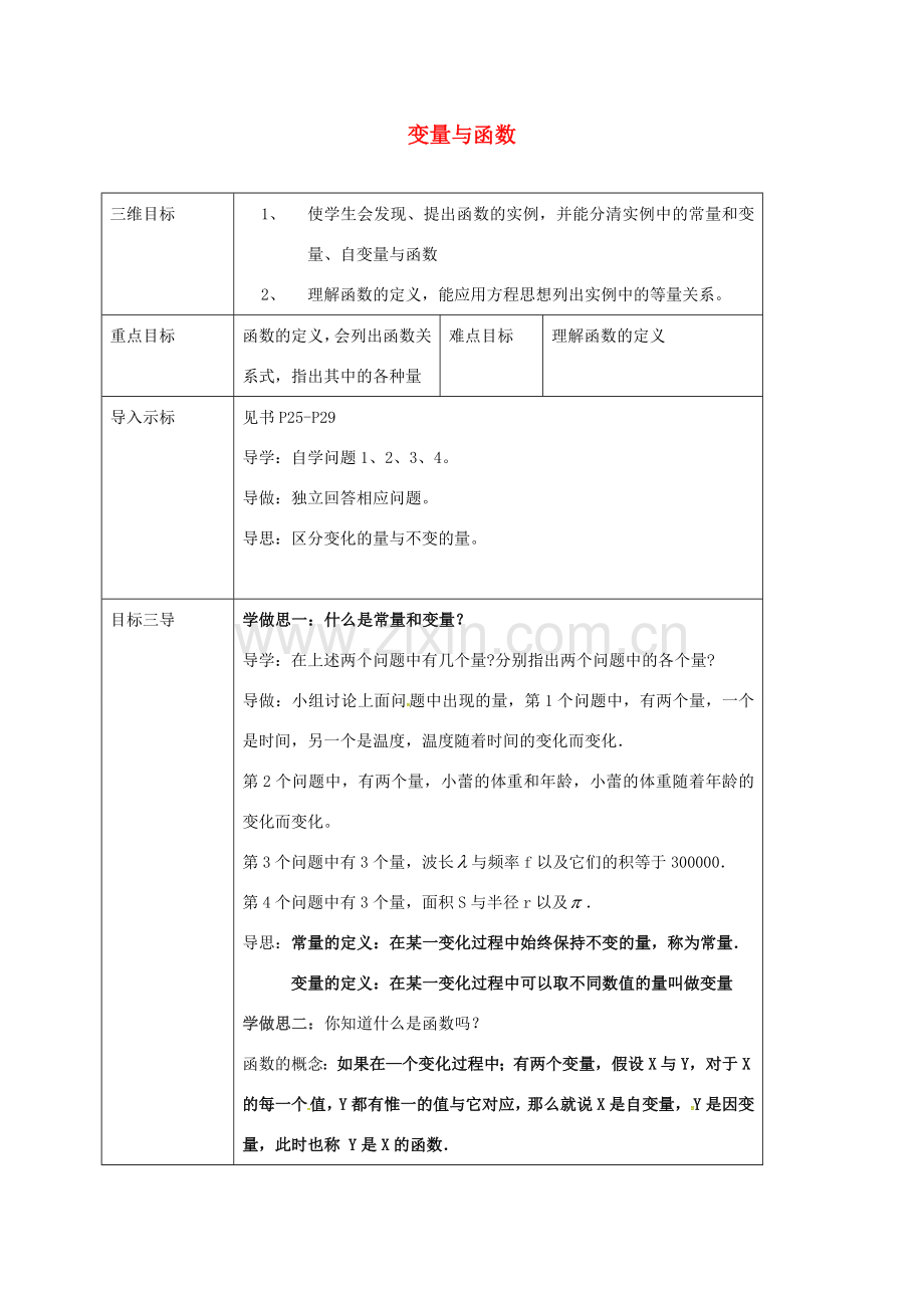 校八年级数学下册 17.1.1 变量与函数教案 （新版）华东师大版-（新版）华东师大版初中八年级下册数学教案.doc_第1页