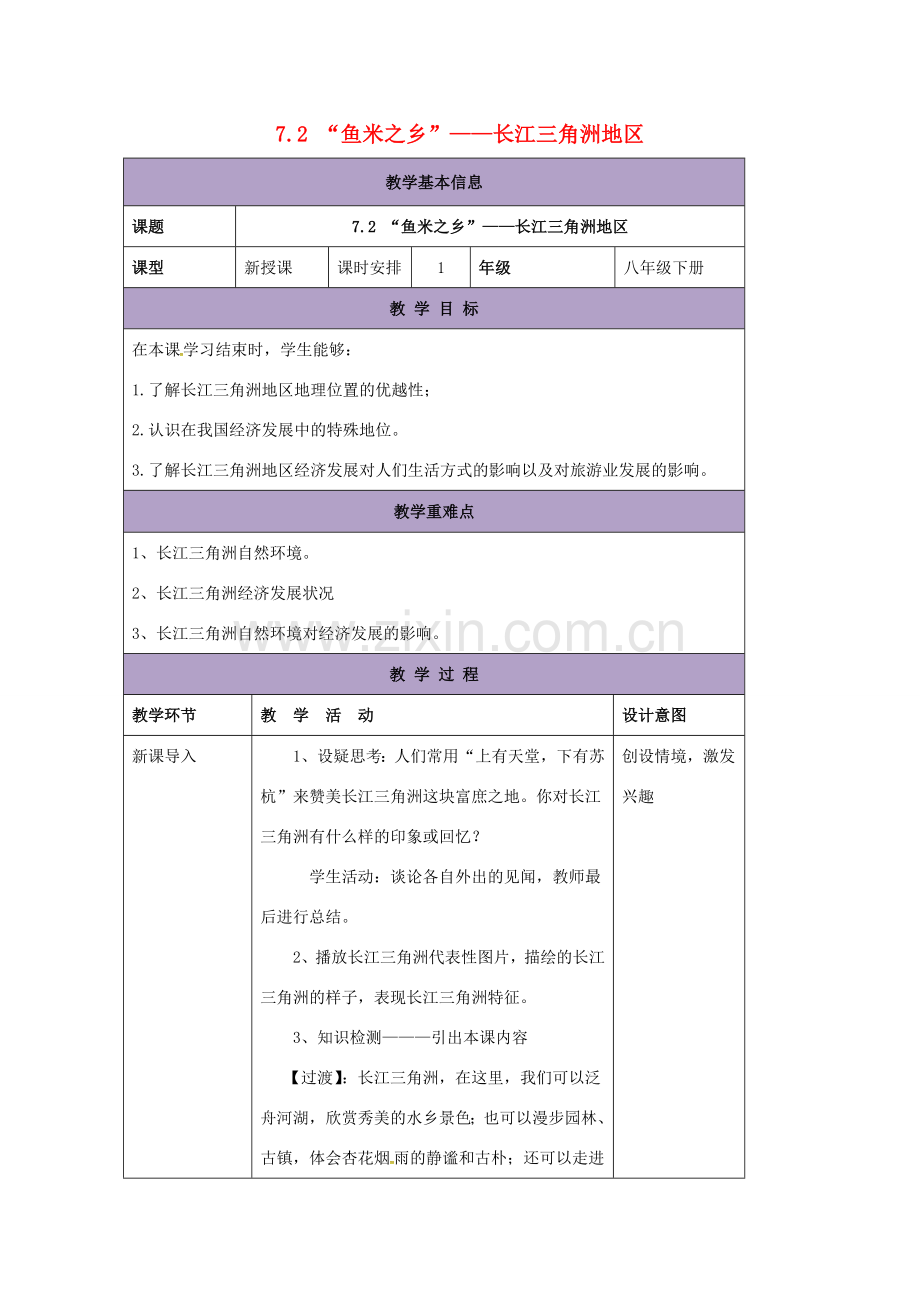 辽宁省凌海市八年级地理下册 7.2“鱼米之乡”——长江三角洲地区教案 （新版）新人教版-（新版）新人教版初中八年级下册地理教案.doc_第1页