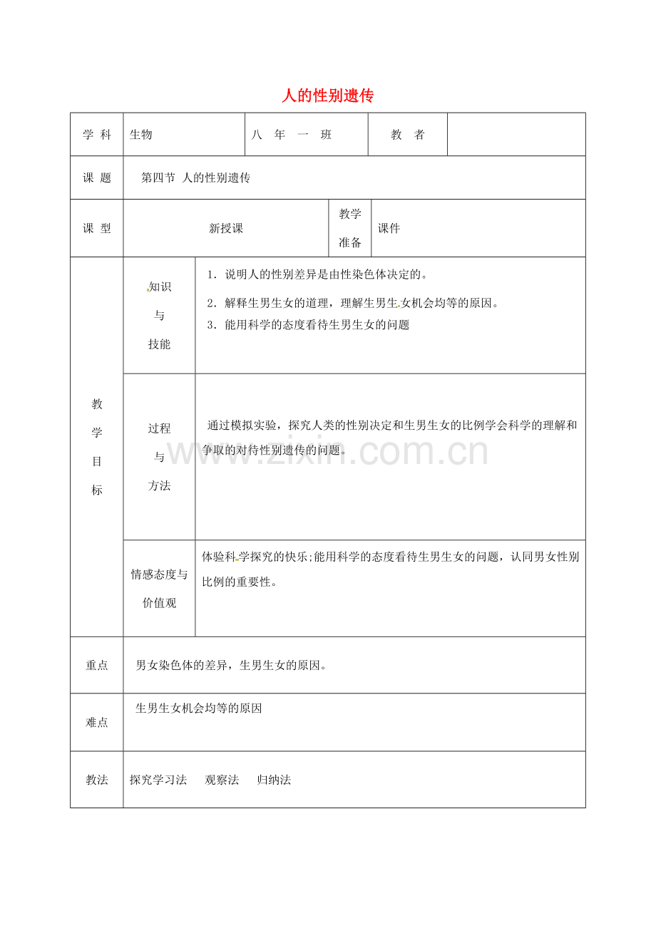 吉林省松原市宁江区八年级生物下册 7.2.4人的性别遗传教案 （新版）新人教版-（新版）新人教版初中八年级下册生物教案.doc_第1页