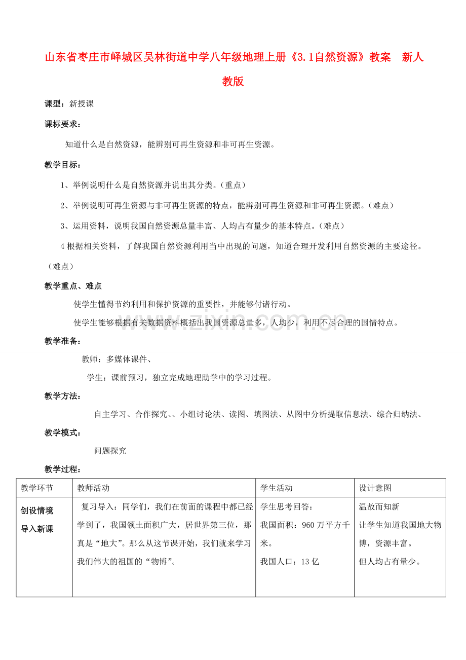 山东省枣庄市峄城区吴林街道中学八年级地理上册《3.1 自然资源》教案新人教版.doc_第1页