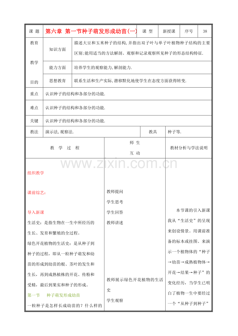 七年级生物上册 3.6.1种子萌发形成幼苗教案(一) 北师大版.doc_第1页