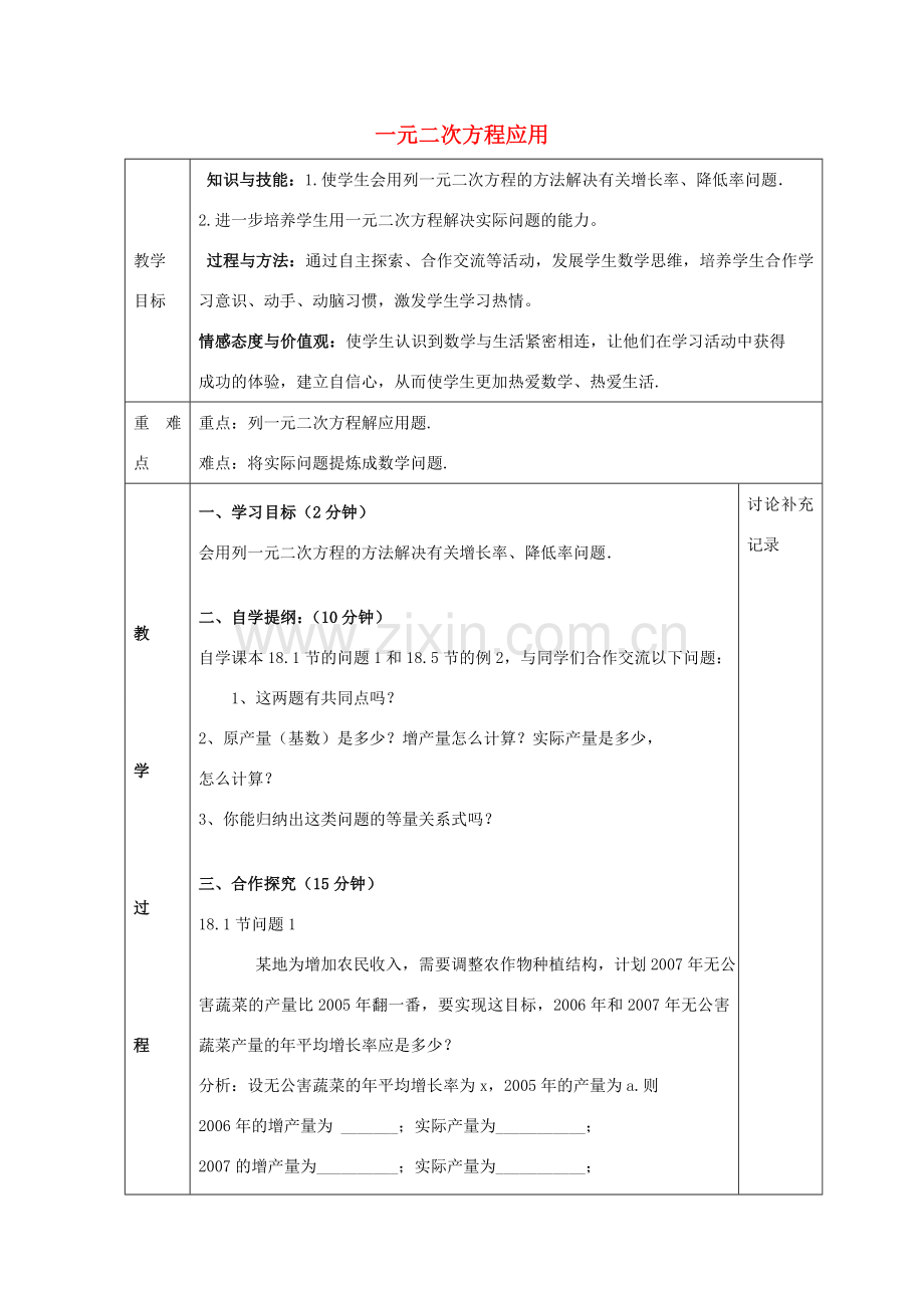 八年级数学下册 17.5 一元二次方程应用教案2 （新版）沪科版-（新版）沪科版初中八年级下册数学教案.doc_第1页