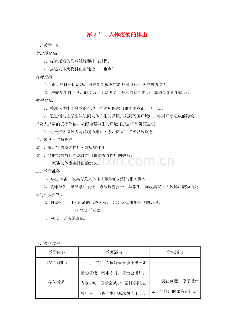 七年级生物下册 第4单元 生物圈中的人 第二节 人体废物的排出名师教案2 苏教版.doc_第1页