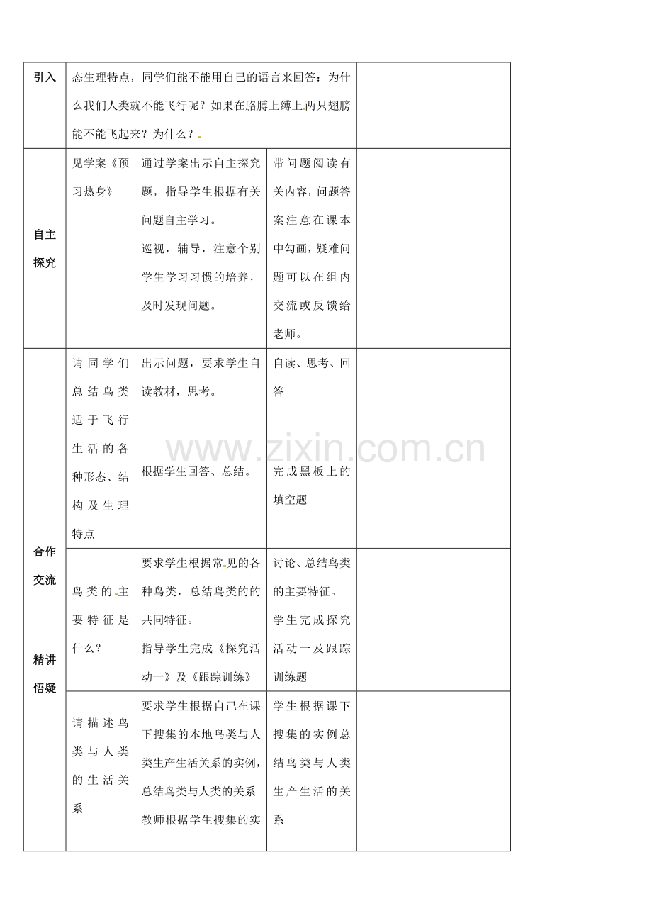 山东省宁阳县第二十五中学八年级生物上册《第五单元 第一章 第六节 鸟（第二课时）》教案 （新版）新人教版.doc_第2页