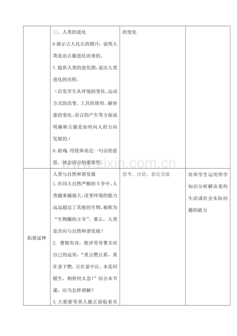 八年级生物下册 第22章 第4节 人类的起源和进化教案（2） 苏科版-苏科版初中八年级下册生物教案.doc_第3页