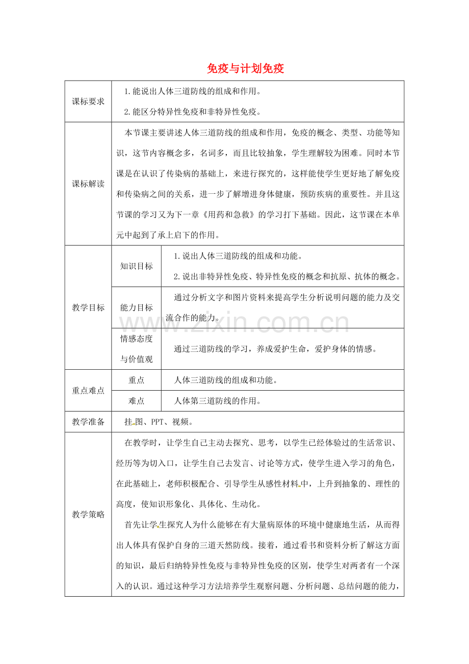 八年级生物下册 8.1.2免疫与计划免疫授课典案 （新版）新人教版-（新版）新人教版初中八年级下册生物教案.doc_第1页