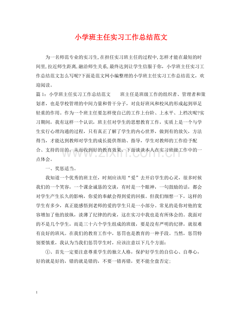 小学班主任实习工作总结范文.docx_第1页